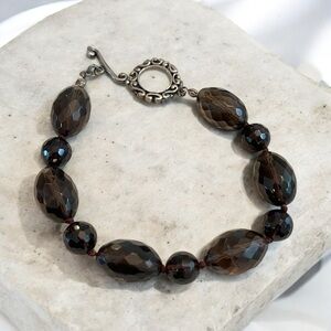 Vintage Faceted Beads of Smoky Quartz 38g Artisan Made Hand Knotted Bracelet 9”